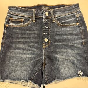 Judy Blue Dark Wash Palm Bay Exposed Button Fly High Rise Jean Shorts, Medium